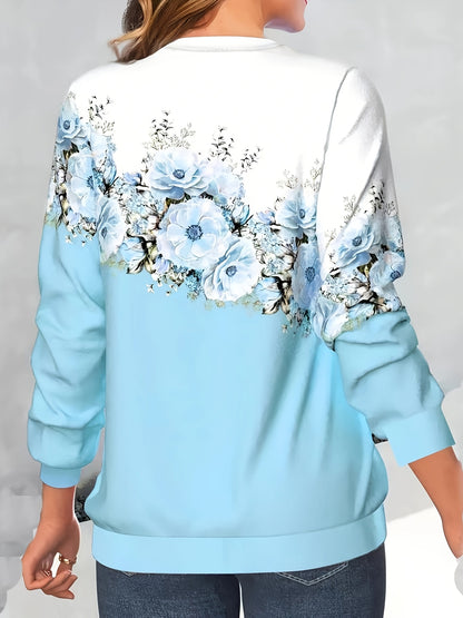 vlovelaw  Crew Neck Flowers Print Sweatshirt, Casual Sports Running Long Sleeve Tops, Women's Clothing