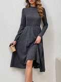 Solid Mock Neck Aline Dress, Elegant Long Sleeve Dress For Spring & Fall, Women's Clothing