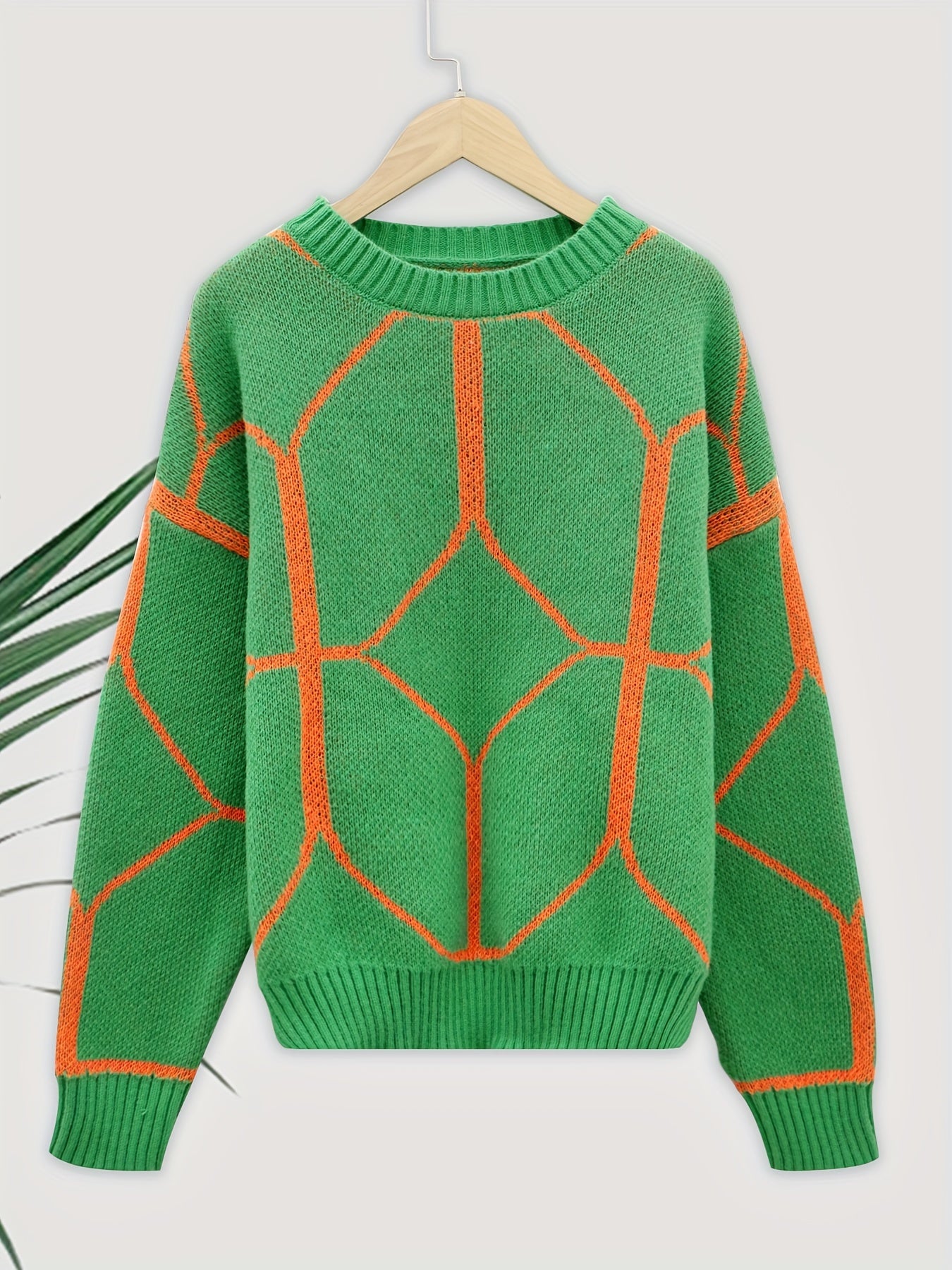 Line Pattern Round Neck Long Sleeve Pullover, Elegant Warm Geometric Sweater, Women's Clothing