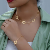 Elegant & Classic Style Matching Set, Fashionable Commuter Golden Necklace And Bracelet With Clover Charms