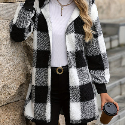 vlovelaw  Plaid Print Open Front Fuzzy Coat, Casual Long Sleeve Hooded Coat For Fall & Winter, Women's Clothing