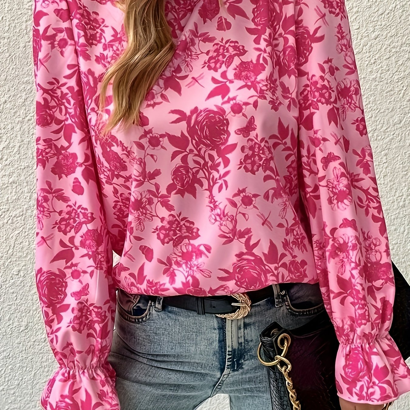 vlovelaw  Floral Print Ruffle Trim Blouse, Casual Crew Neck Long Sleeve Blouse, Women's Clothing