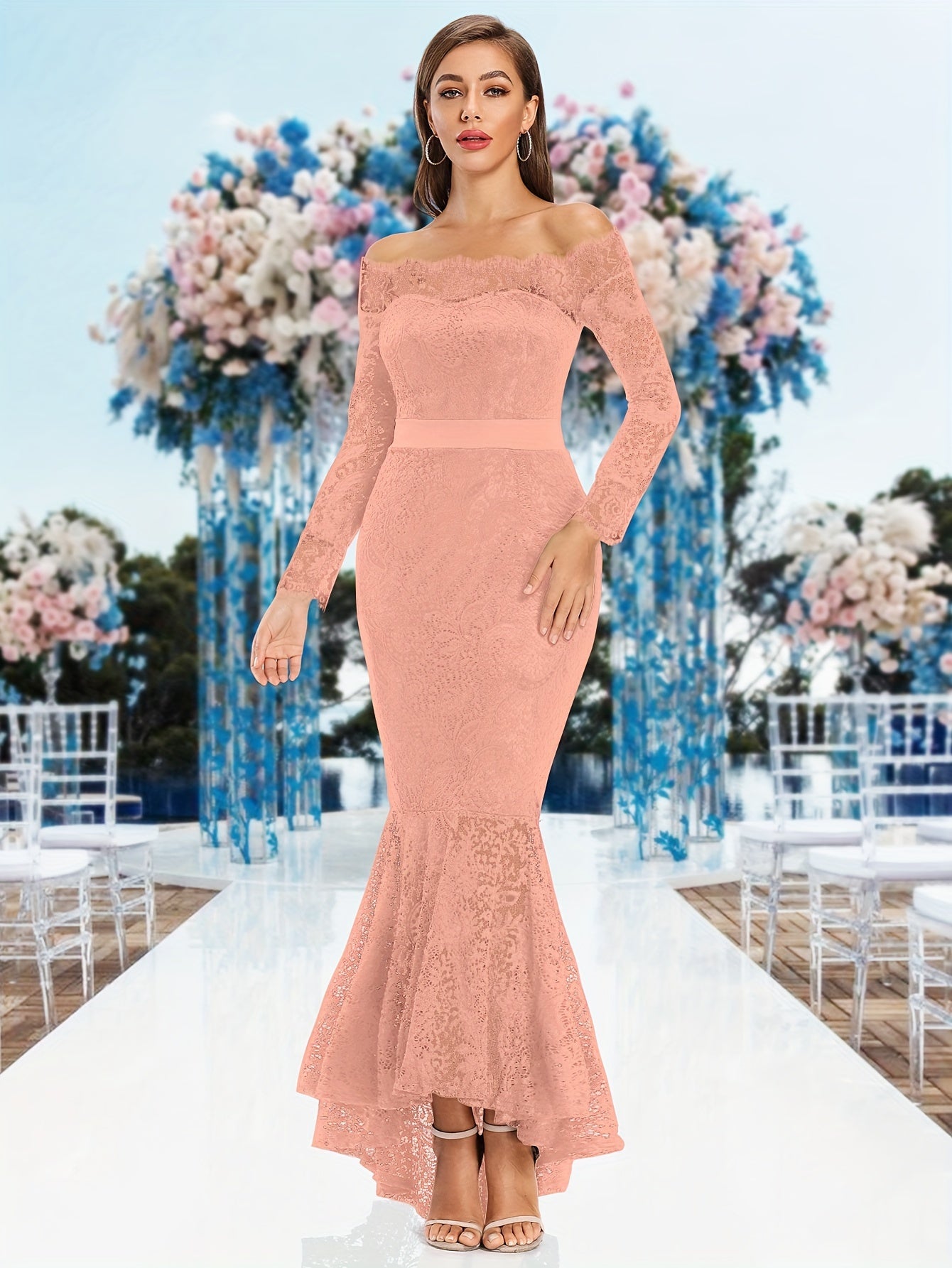 Contrast Lace Off-shoulder Mermaid Dress, Elegant Long Sleeve Cinched Waist Dress For Party & Banquet, Women's Clothing