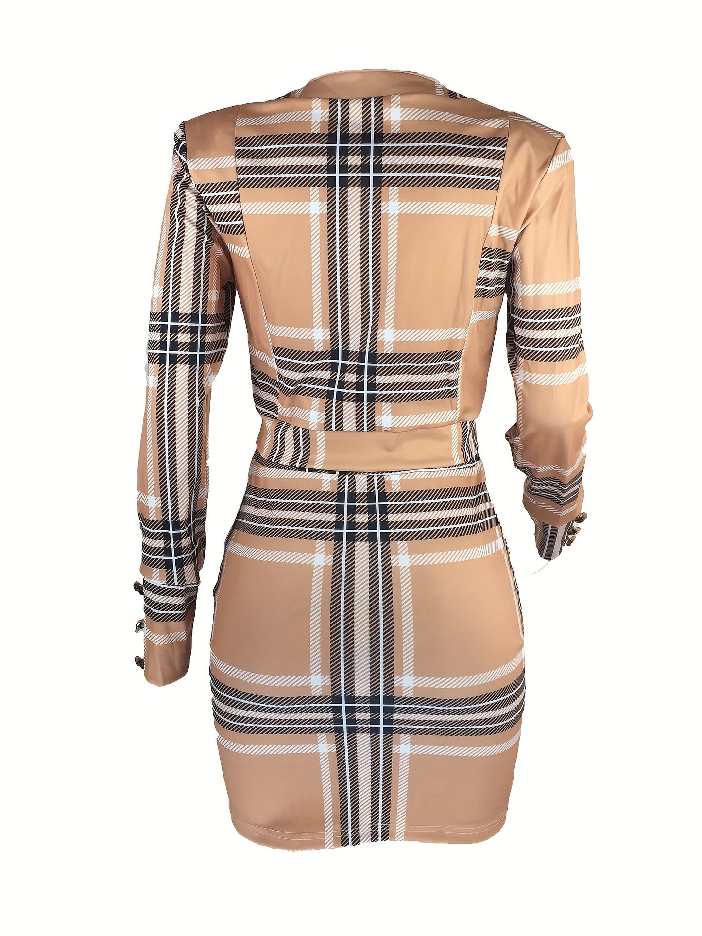 Houndstooth Print Elegant Two-piece Set, Button Front Long Sleeve Tops & Bag Hip Mini Skirts Outfits, Women's Clothing