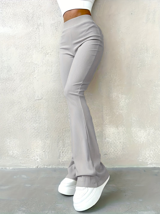 Solid Ribbed Flare Leg Pants, High Waist Slim Elastic Pants, Women's Clothing