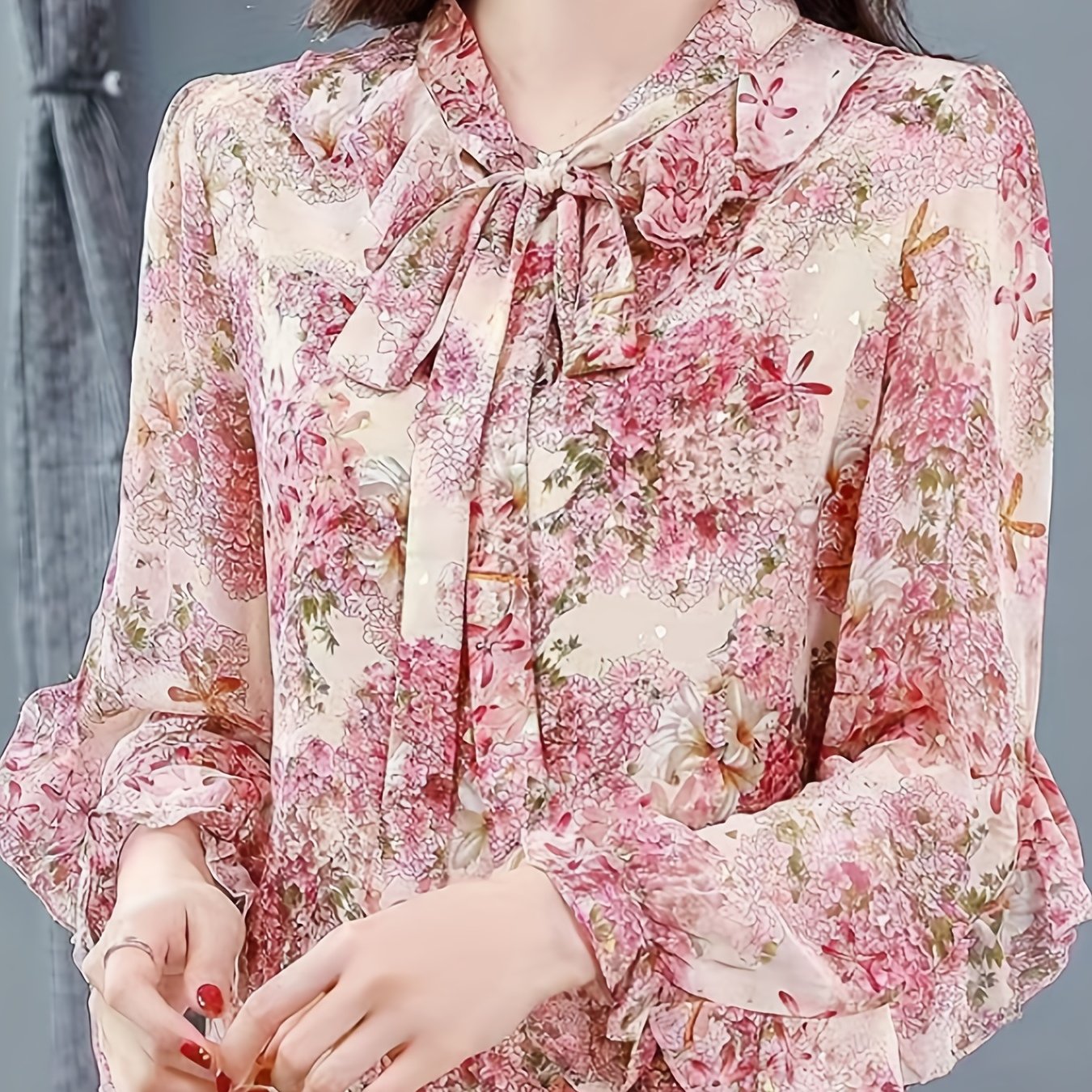 vlovelaw  Floral Print Ruffle Trim Blouse, Elegant Tie Neck Long Sleeve Blouse For Spring & Fall, Women's Clothing