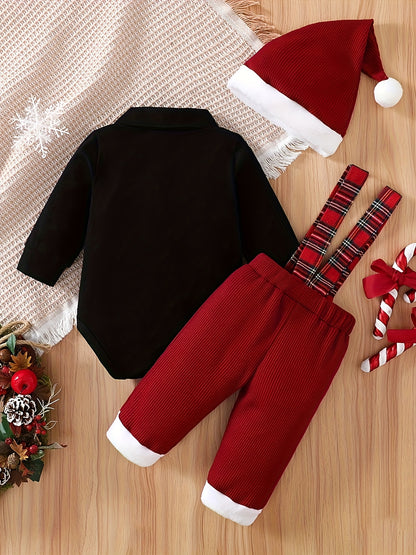 Toddler Baby Boys Bow Tie Long Sleeve Romper + Waffle Splicing Bib Pants + Hat 3pcs Cute Outdoor Set Party Christmas Outfit