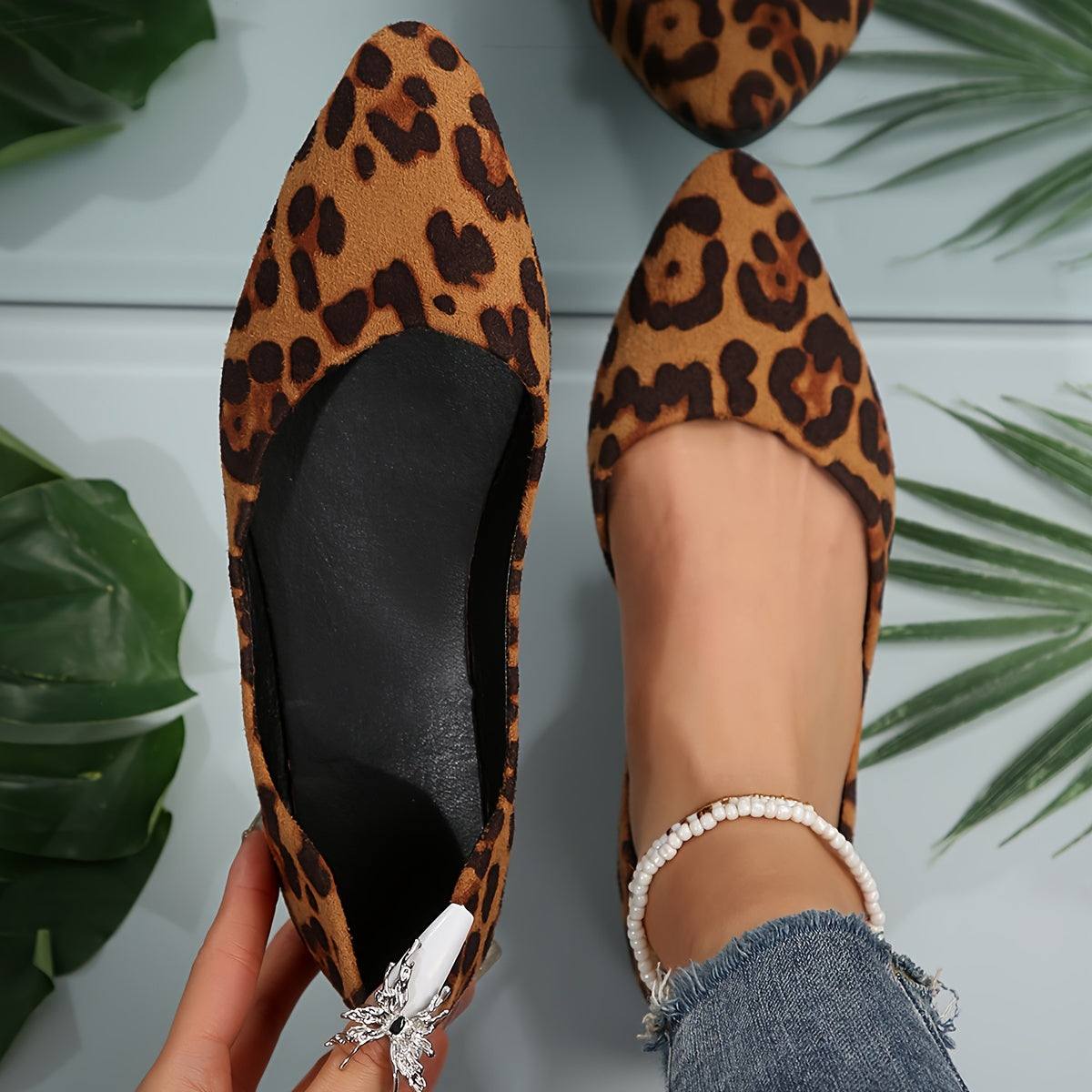 Stylish Leopard Print Ballet Flats - Ultra Lightweight, Comfortable, Slip-On Shoes with Pointed Toe, Ankle Strap, and Soft Flannel Upper for Casual All-Season Wear