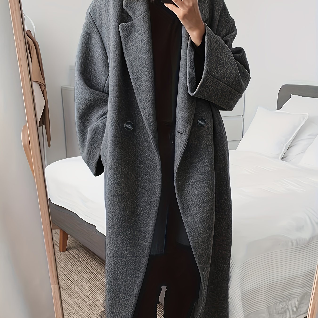 vlovelaw Plus Size Casual Coat, Women's Plus Solid Long Sleeve Double Breast Button Lapel Lapel Collar Longline Woolen Coat With Pockets