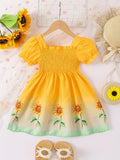 Knee-High Fit and Flare Girls Polyester Floral Princess Dress - Shirred, Puff Sleeve, Machine Washable, Non-Stretch, Casual Summer Dress for 4th of July - Vibrant Ombre Sunflower Pattern, Regular Fit, Woven Fabric