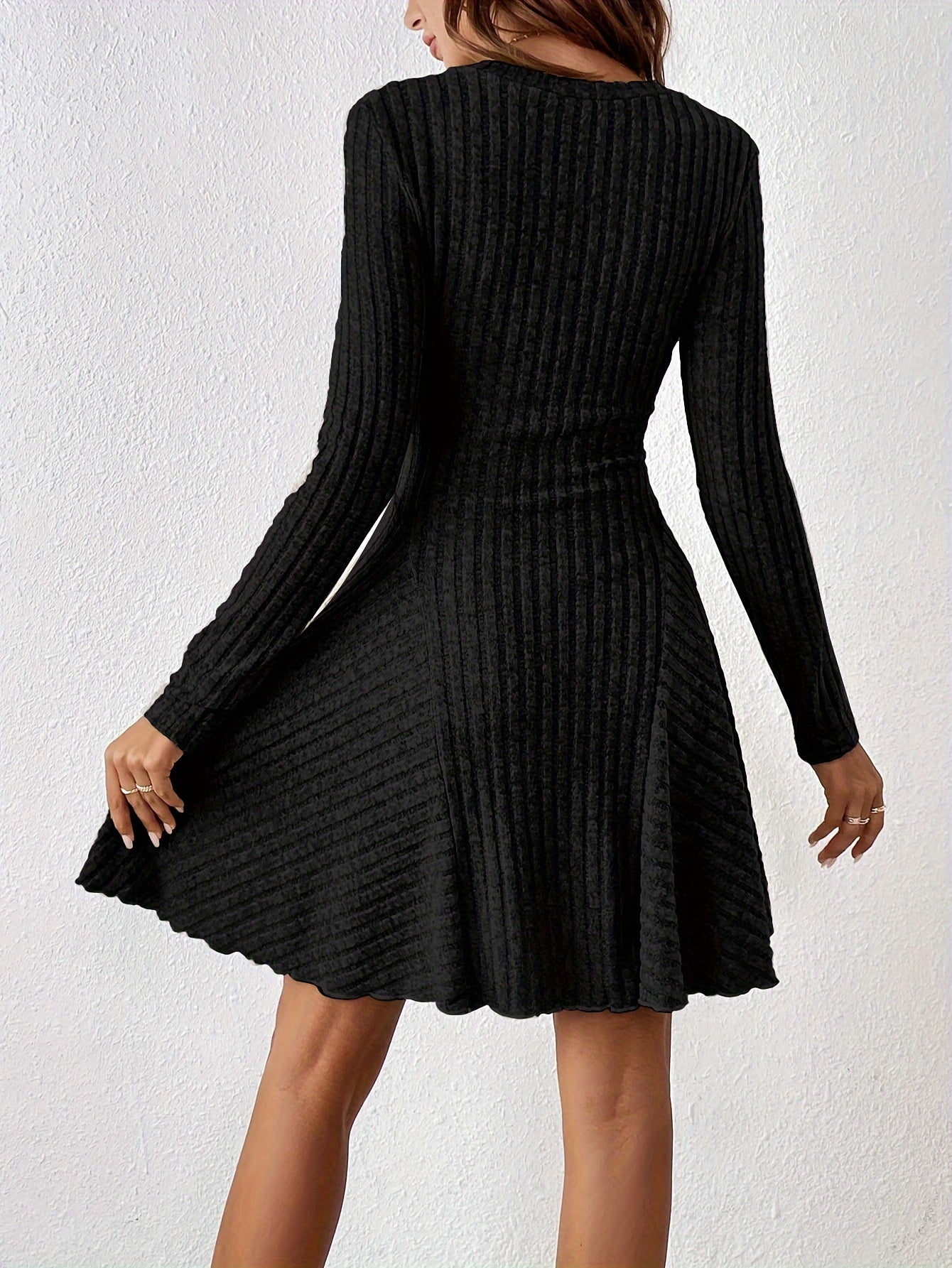 vlovelaw  Solid Ribbed V Neck Dress, Casual Long Sleeve A-line Dress, Women's Clothing