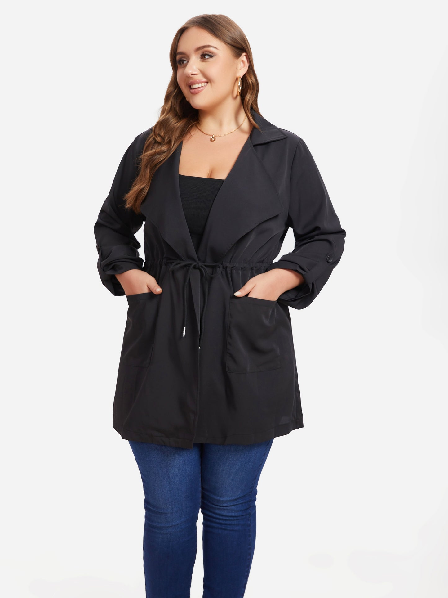 vlovelaw  Plus Size Drawstring Pockets Coat, Casual Long Sleeve Lapel Coat For Fall, Women's Plus Size Clothing