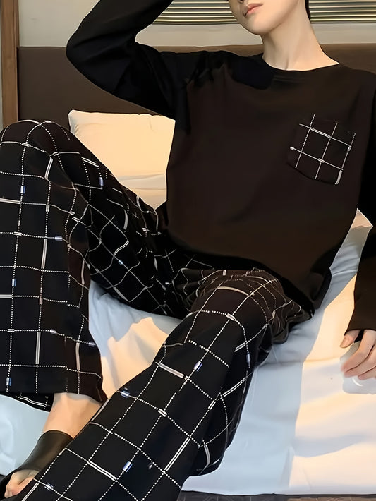 [Millennium Horse Brand] Large Size 2 Pcs Men's Simple Design Long Sleeves & Plaid Long Pants Pajama Sets, Comfortable & Skin-friendly Style Pajamas For Men's Cozy Loungewear