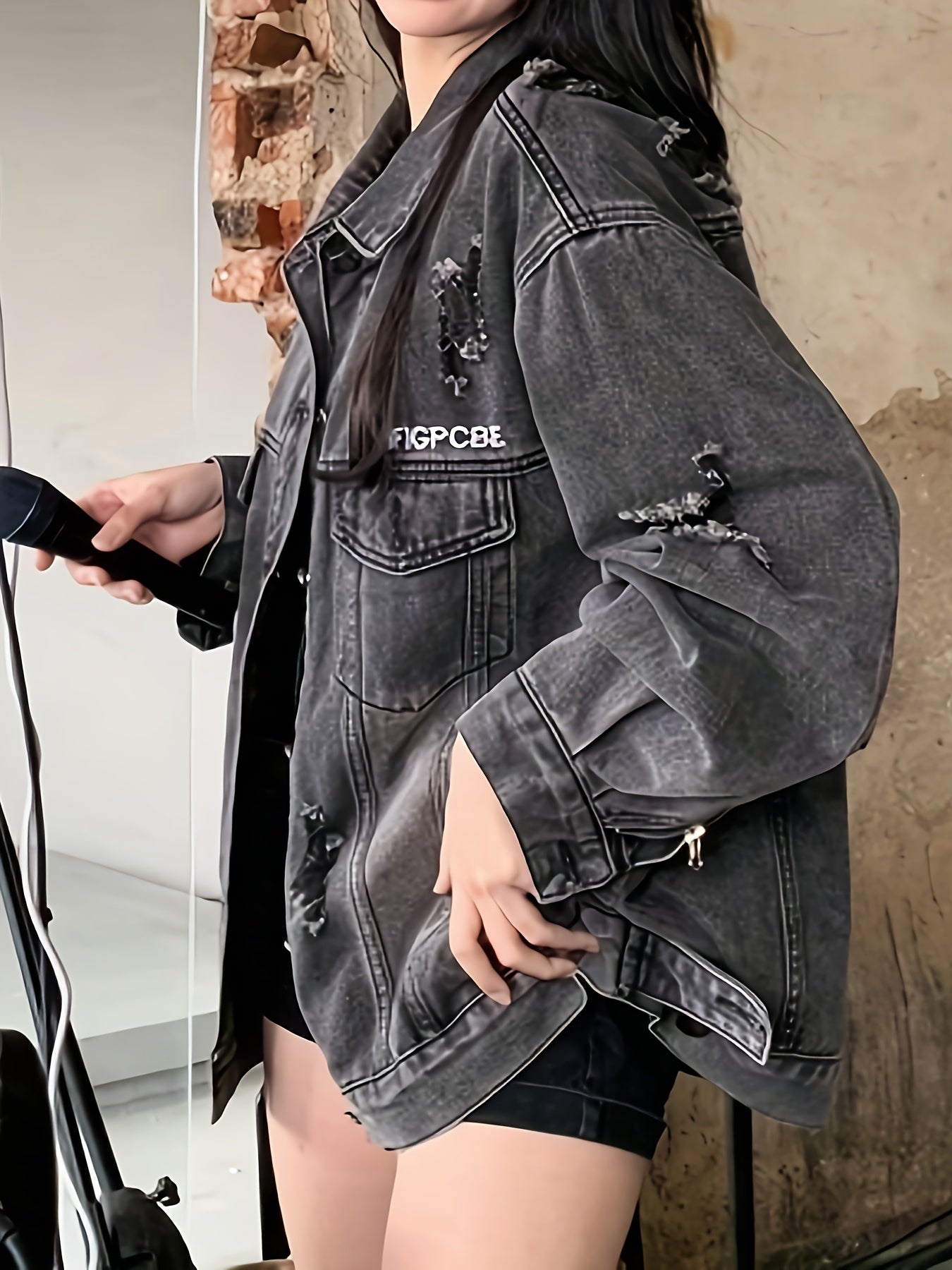 vlovelaw  Ripped Holes Lapel Denim Coat, Long Sleeves Washed Denim Jacket, Women's Denim Clothing