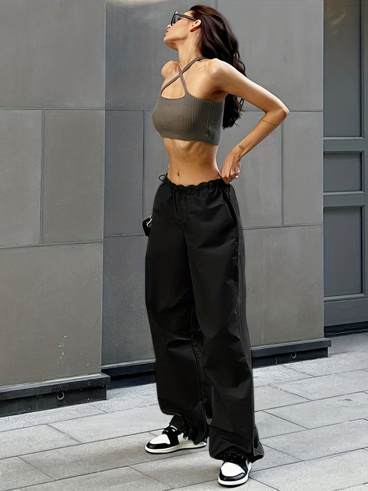 Wide Leg Elastic Waist Pants, Casual Drawstring Versatile Long Length Pants, Women's Clothing