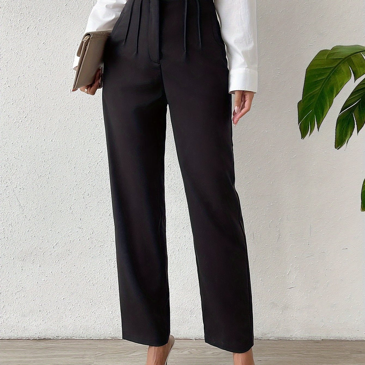 vlovelaw  Solid High Waist Pants, Elegant Straight Leg Ruched Pants, Women's Clothing