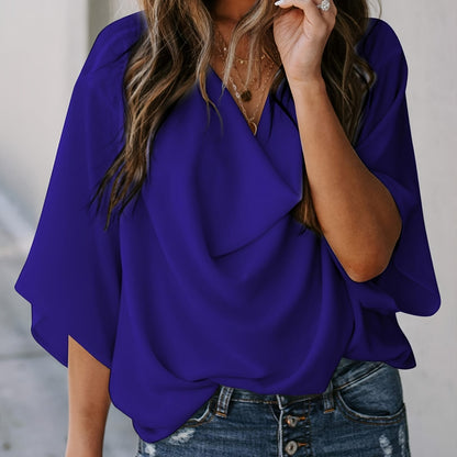 Women's Blouse V-neck Loose Casual Fashion Chiffon Solid Blouse