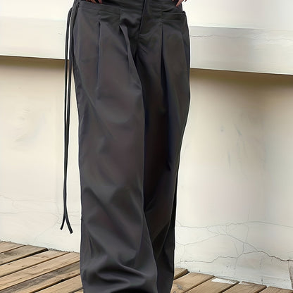 vlovelaw  Solid Side Tied Wide Leg Pants, Casual Pleated High Waist Pants, Women's Clothing