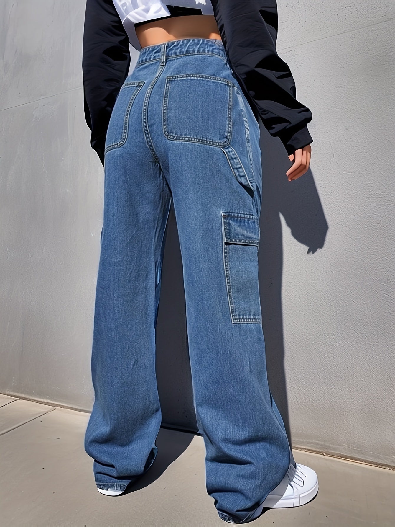 vlovelaw  Blue Flap Pockets Cargo Pants, Loose Fit Non-Stretch Y2K & Kpop Carpenter Jeans, Women's Denim Jeans & Clothing