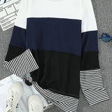 vlovelaw Striped Waffle Round Neck Tops, Casual Long Sleeve Fashion Loose Fits Tunics Tops, Women's Clothing