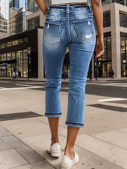 vlovelaw  Whiskering Ripped Slash Pocket Capri Jeans, Casual Retro Style Washed Blue Denim Pants, Women's Denim Jeans & Clothing