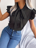 vlovelaw Bow Tie Flutter Sleeve Blouse, Elegant Sleeveless Solid Ruffle Trim Blouse, Women's Clothing