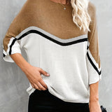 vlovelaw  Striped Color Block Sweater, Casual Boat Neck Half Sleeve Loose Knit Sweater For Spring & Fall, Women's Clothing