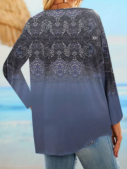 Plus Size Casual Top, Women's Plus Arabesque Print Long Sleeve Round Neck Henley Top