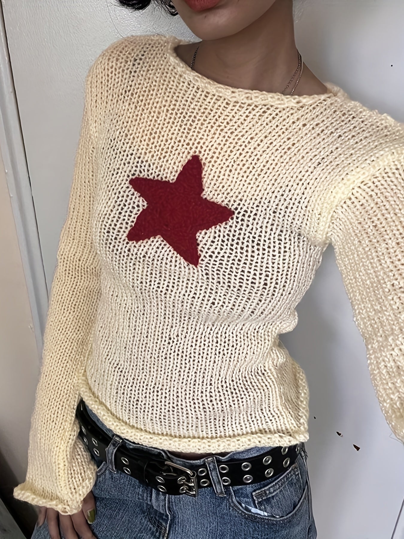 vlovelaw Y2K Star Pattern Boat Neck Pullover Sweater, Casual Long Sleeve Sweater For Spring & Fall, Women's Clothing