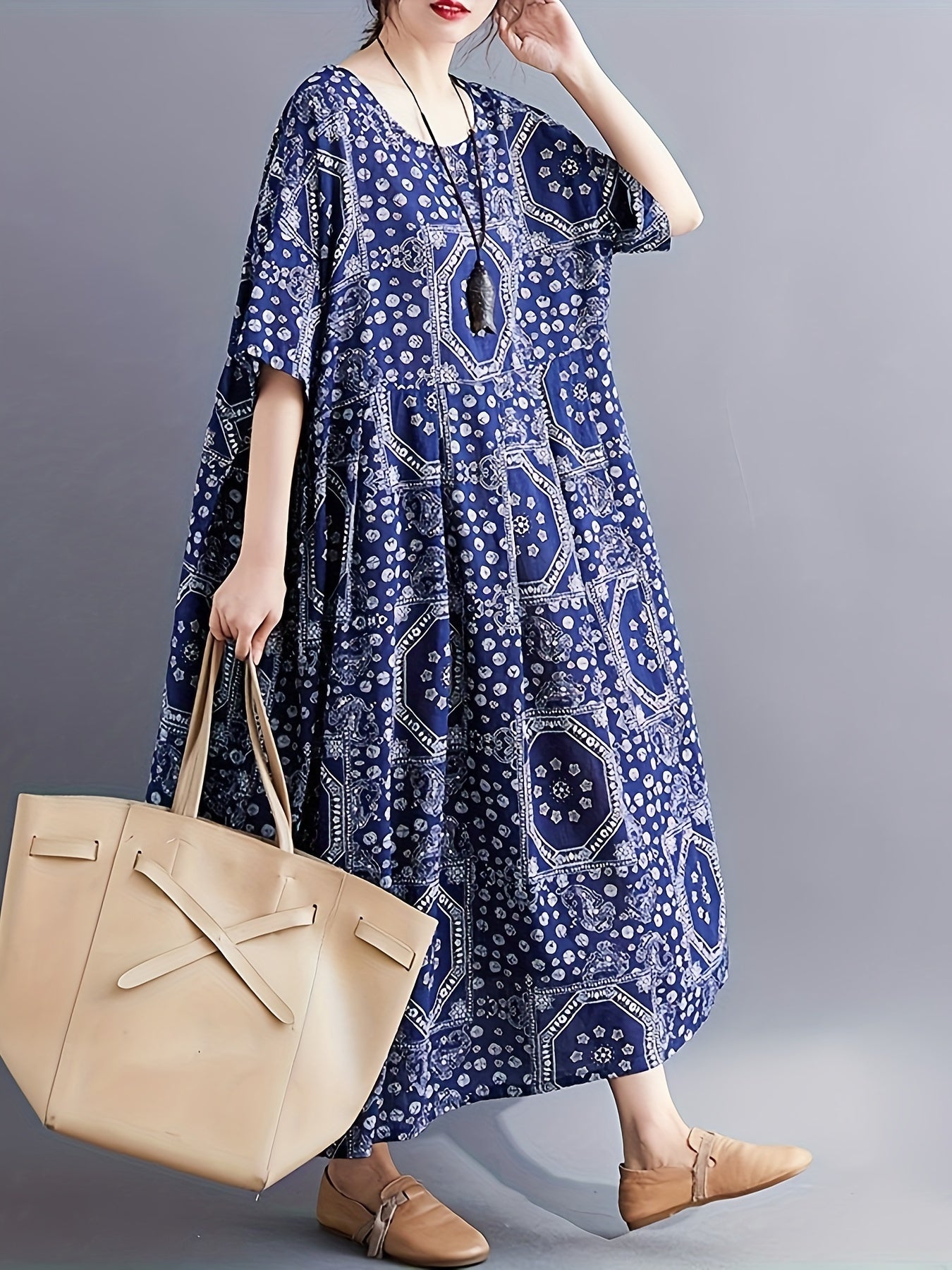 Plus Size Boho Dress, Women's Plus Paisley Print Short Sleeve Round Neck Loose Maxi Dress