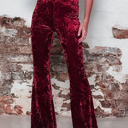 vlovelaw  High Waist Solid Velvet Pants, Boho Every Day Flare Leg Pants For All Season, Women's Clothing