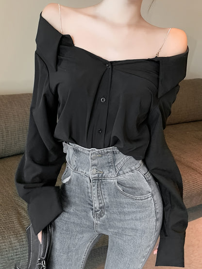 vlovelaw  Solid Off Shoulder Button Front Blouse, Casual Long Sleeve Blouse For Spring & Fall, Women's Clothing