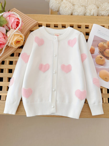 Adorable Girls Heart Pattern Knit Cardigan - Soft Long Sleeve Crew Neck Sweater Jacket with Cute Button Detail - Perfectly Short for a Chic, Elegant Style