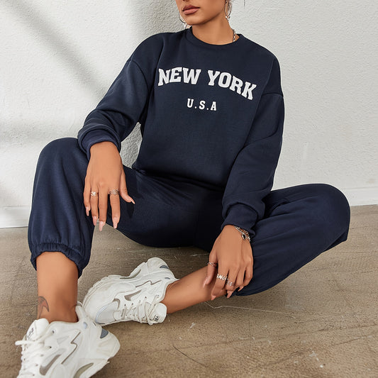 Casual Workout Two-piece Set, Letter Print Long Sleeve Sweatshirt & Solid Jogger Pants Outfits, Women's Clothing