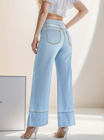 vlovelaw  High Waist Casual Baggy Jeans, Double Button High Stretch Wide Legs Jeans, Women's Denim Jeans & Clothing