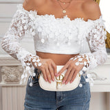 vlovelaw  Applique Off-shoulder Crop Top, Long Sleeve Slim Top For Spring & Summer, Women's Clothing