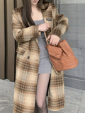 vlovelaw Plaid Print Double-breasted Coat, Elegant Notched Collar Long Sleeve Knee Length Coat, Women's Clothing