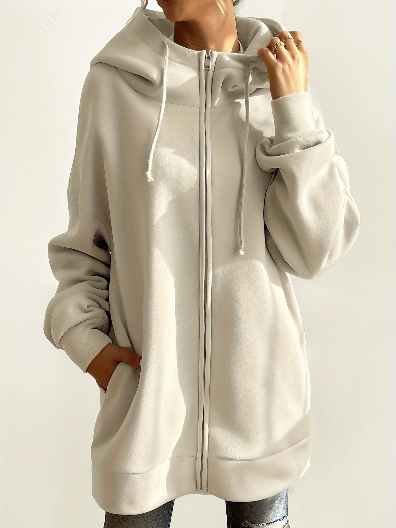 vlovelaw  Solid Color Casual Sports Hooded Zipper Sweatshirs, Long Sleeve Drawstring Hoodie, Women's Sporty Sweatshirts