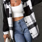 vlovelaw  Plaid Print Hooded Jacket, Casual Button Front Long Sleeve Outerwear, Women's Clothing