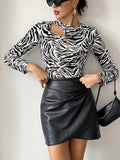 vlovelaw  Cutout Zebra Print Crew Neck T-Shirt, Casual Long Sleeve Top For Spring & Fall, Women's Clothing