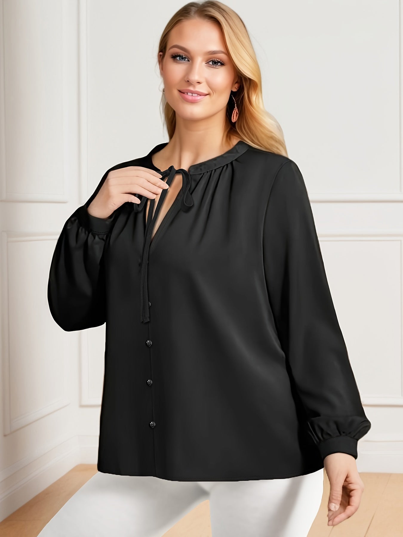 Solid Button Front Tie Front Blouse, Versatile Lantern Sleeve Blouse For Spring & Fall, Women's Clothing