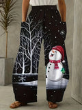 Christmas Snowman Print Elastic Waist Pants, Casual Loose Pant With Pocket, Women's Clothing