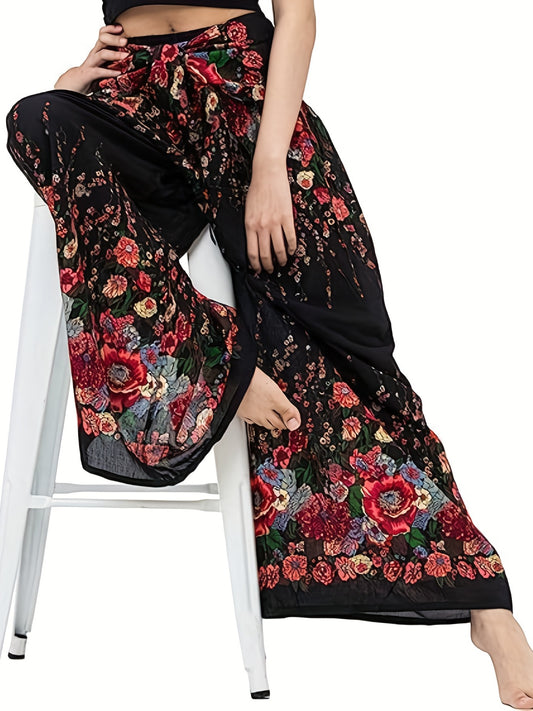 Plus Size Boho Pants, Women's Plus Floral Print High Rise Wide Leg Trousers With Belt