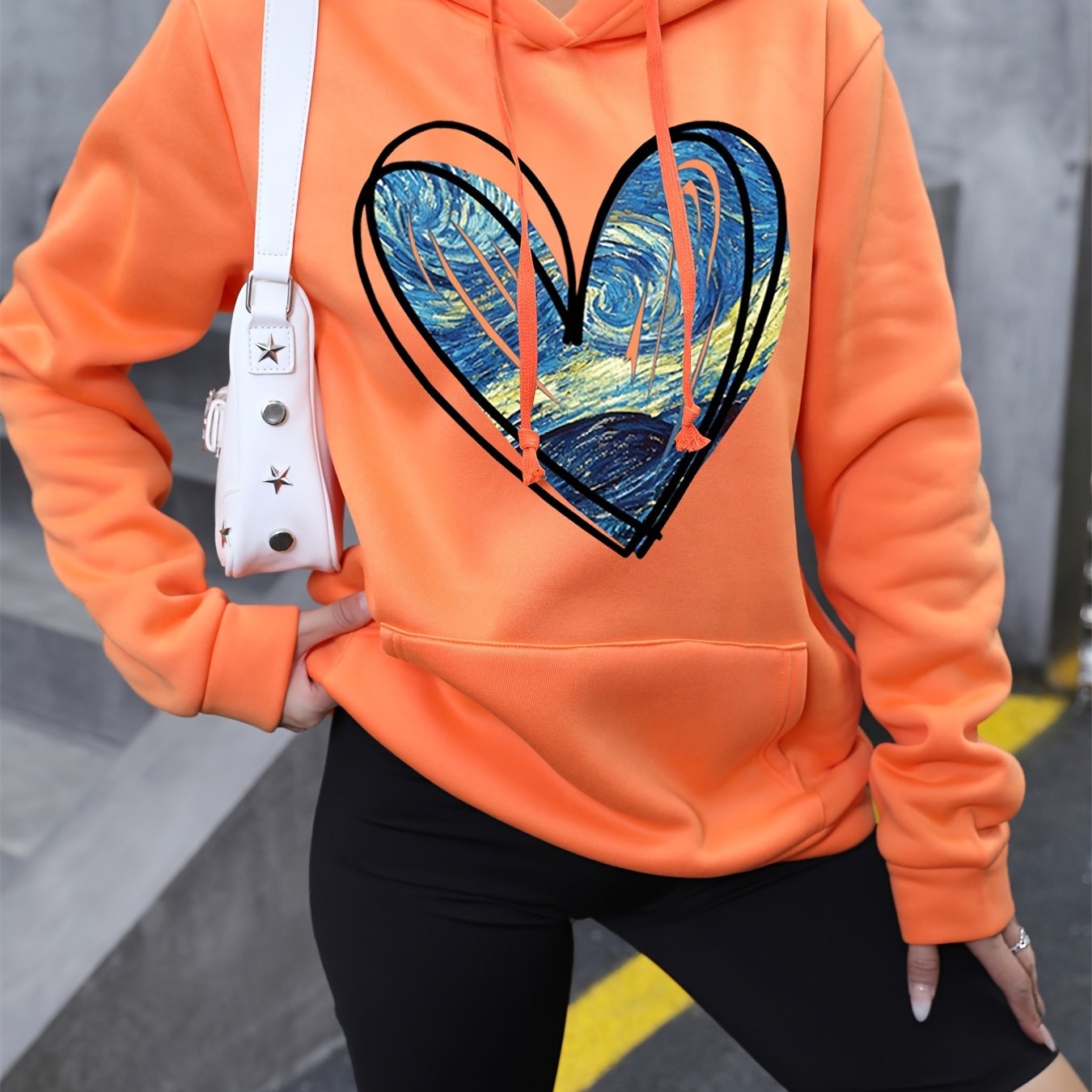 vlovelaw  Heart Print Kangaroo Pocket Hoodie, Casual Long Sleeve Drawstring Hoodie Sweatshirt, Women's Clothing