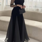 Solid Mesh Splicing Mock Neck Dress, Elegant Long Sleeve Swing Maxi Dress For Party & Banquet, Women's Clothing