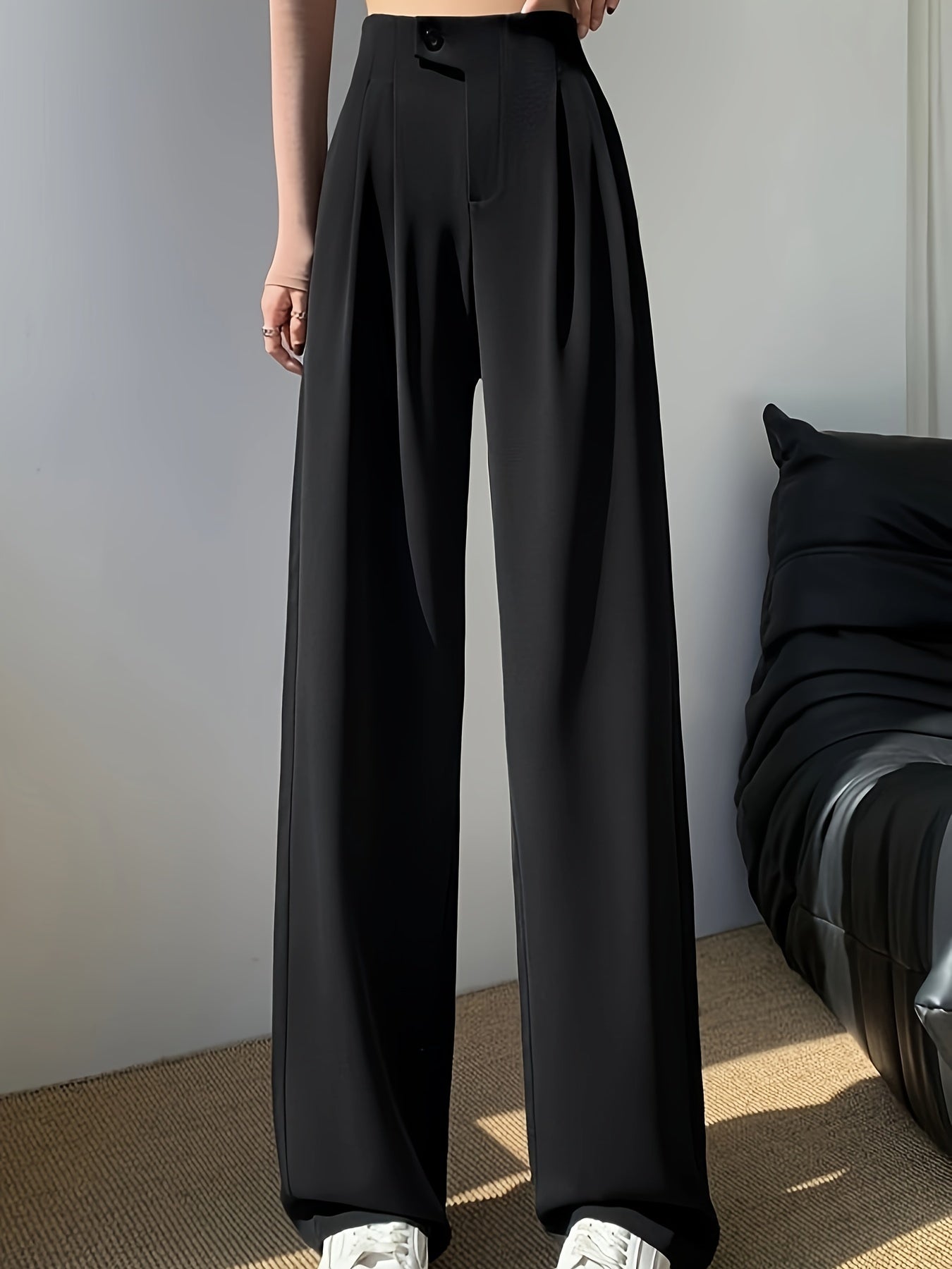 vlovelaw  Solid High Waist Pants, Casual Wide Leg Button Pants, Women's Clothing