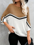 vlovelaw  Striped Color Block Sweater, Casual Boat Neck Half Sleeve Loose Knit Sweater For Spring & Fall, Women's Clothing