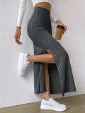 Ribbed Slit Hem Skirt, Casual Ankle Length Skirt For Spring & Summer, Women's Clothing