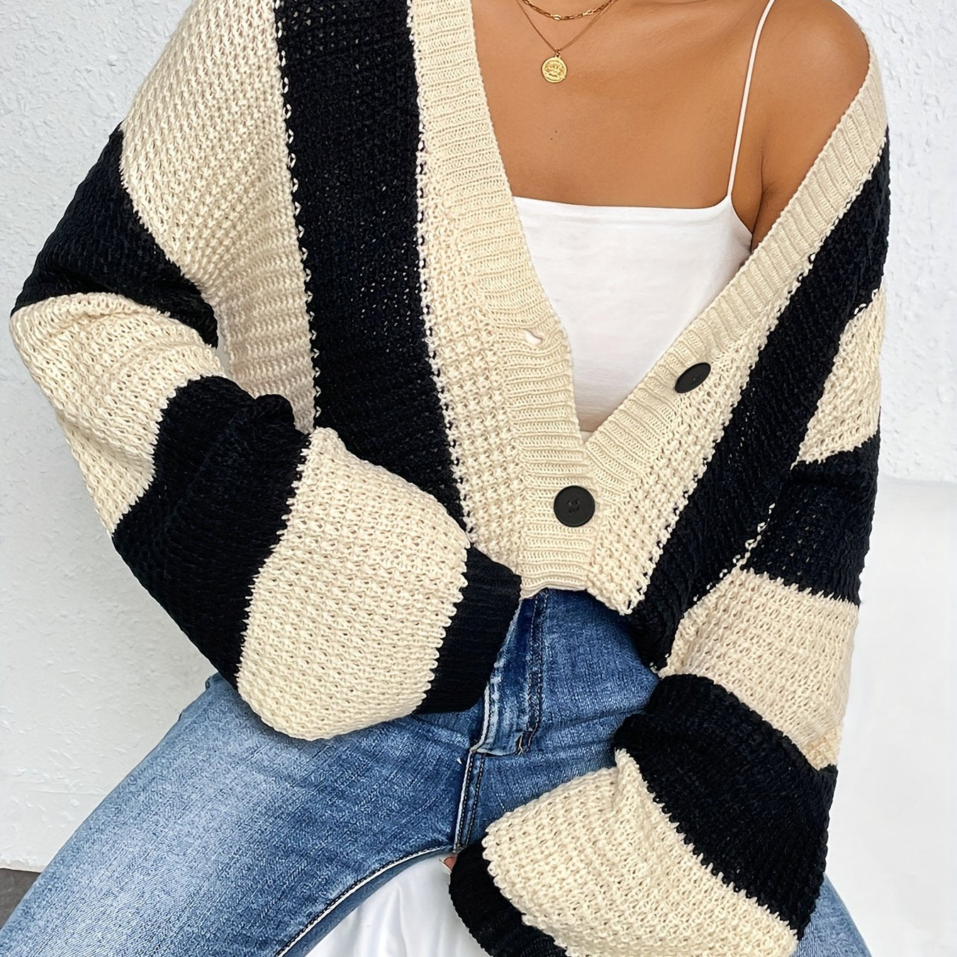 vlovelaw Striped Pattern Button Front Pullover Sweater, Casual Bell Sleeve Sweater For Spring & Fall, Women's Clothing