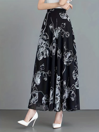 Floral Print High Waist Skirt, Elegant Swing Skirt For Spring & Fall, Women's Clothing